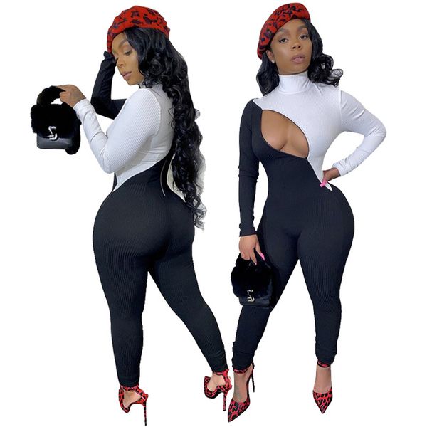 

dayofun turtleneck full sleeve jumpsuits 2019 autumn winter women fitness rompers jumpsuits elastic long skinny jogger l0229, Black;white