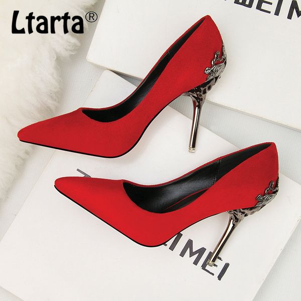 

ltarta 2020 spring new pointed women's shoes single shoes wedding red bridal metal hollow suede stiletto heels zwm, Black