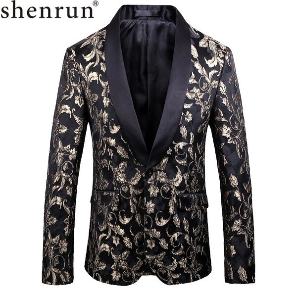 

shenrun autumn winter men blazer gold fashion jacquard embroidery groom jacket shwal lapel singer stage costume, White;black