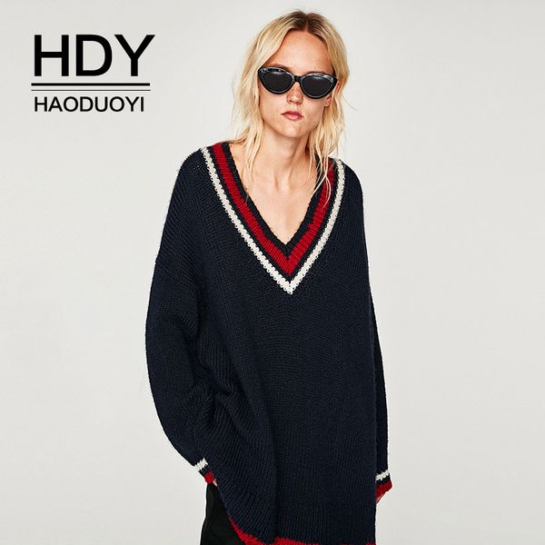 

hdy haoduoyi loose simple female combination elegant design long sleeve v-neck knitted sweater, White;black
