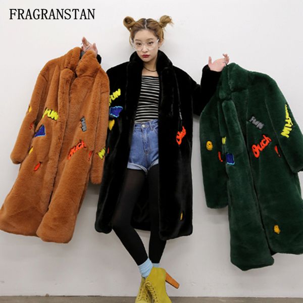 

women 2019 autumn winter thick stand collar long fur coat female fashion patch designs faux fur casual outwear q624, Black