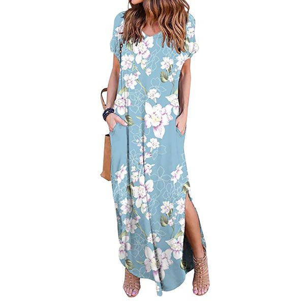 

shopping v neck lightweight long stretchy backless short sleeve printing loose fit casual women dress with pocket daily, Black;gray
