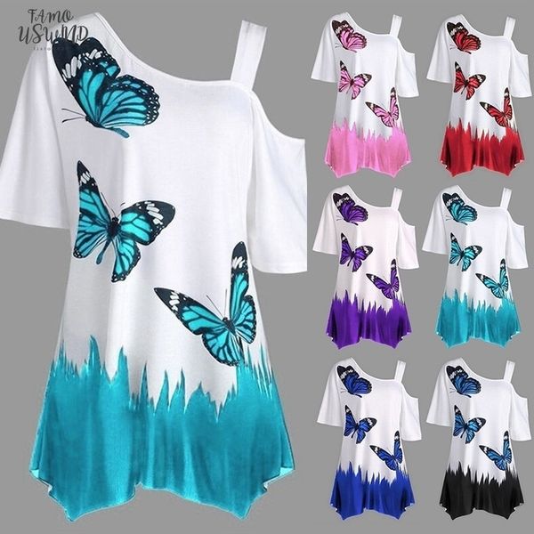 

2020 summer off one shoulder women loose t shirt long sleeve butterfly print cap sleeve irragular t shirt female tunic tee, White