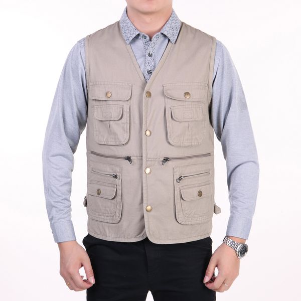 

man casual vest multi pockets design cotton waistcoat male beige army green v-neck herringbone vests men leisure gilet spring xl, Black;white