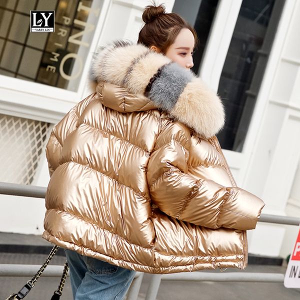 

ly varey lin winter jacket women loose down coat double-sided wear white duck down parka large faux fur collar glossy outwear, Black