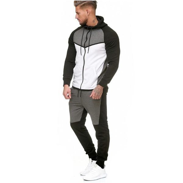

men's patchwork hoodie and trouser suit for outdoor sports and leisure tracksuit sweatpants, Gray