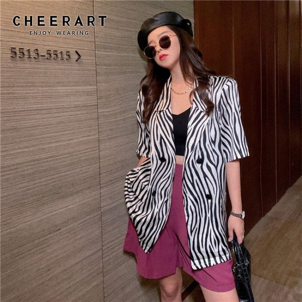 

cheerart zebra print summer blazer women korean loose short sleeve casual blazer suit black jacket outerwear 2020 fashion, White;black
