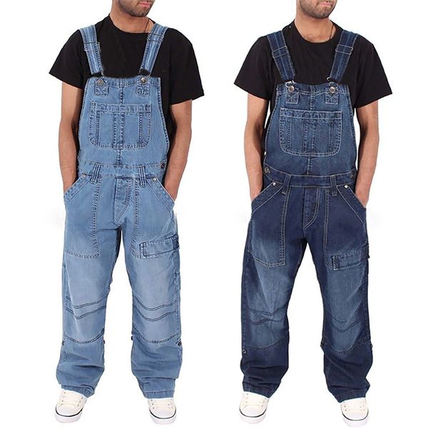 

fashion mens pants jeans wash overall jumpsuit streetwear pocket pants autumn casual trousers mens jeans new, Blue