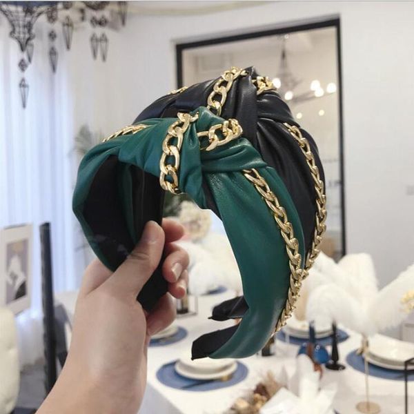 

new fashion pu leather hairband wide side headband women shining gold chain headwear casual hair accessories