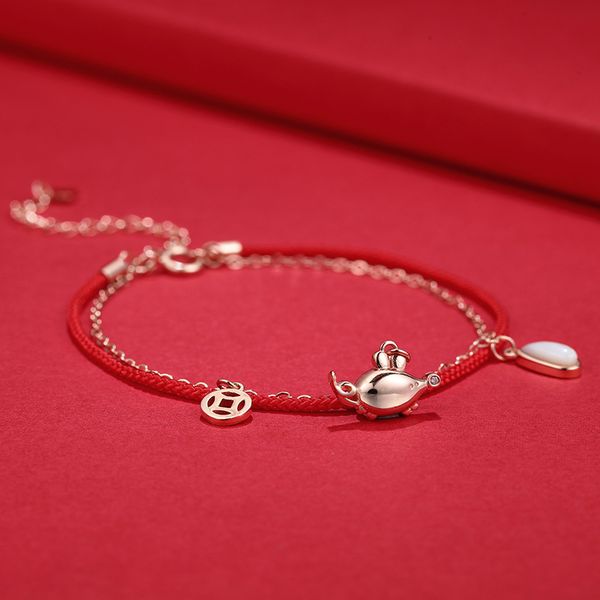 

s925 silver rat bracelet womens cute auspicious rat zodiac animal year red string jewelry rat new year gift, Black