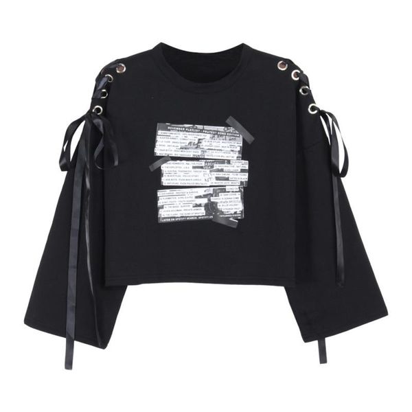 

spring autumn women crop sweatshirt letter print lace up bandage long sleeve casual pullover tracksuit new elegant, Black