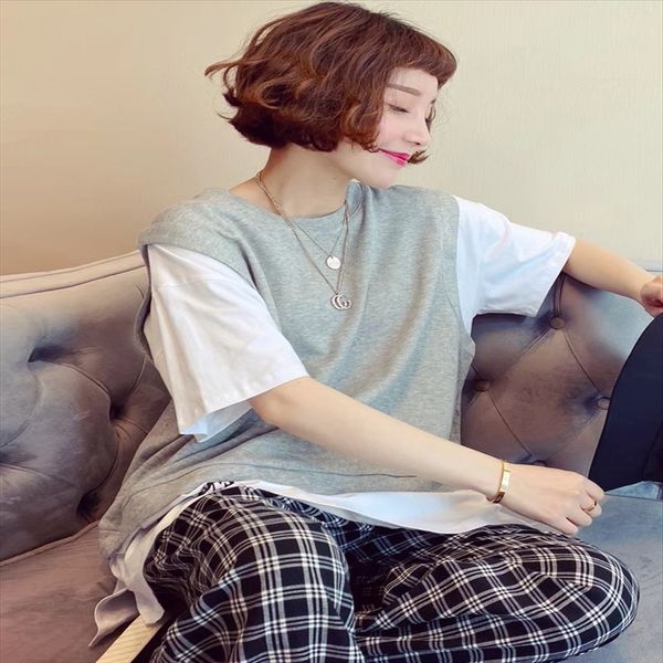 

summer clothes 2020 european fake two-piece loose fashionable summer clothes 2020 european women's t-shirt fake two-piece loose t-shirt, White