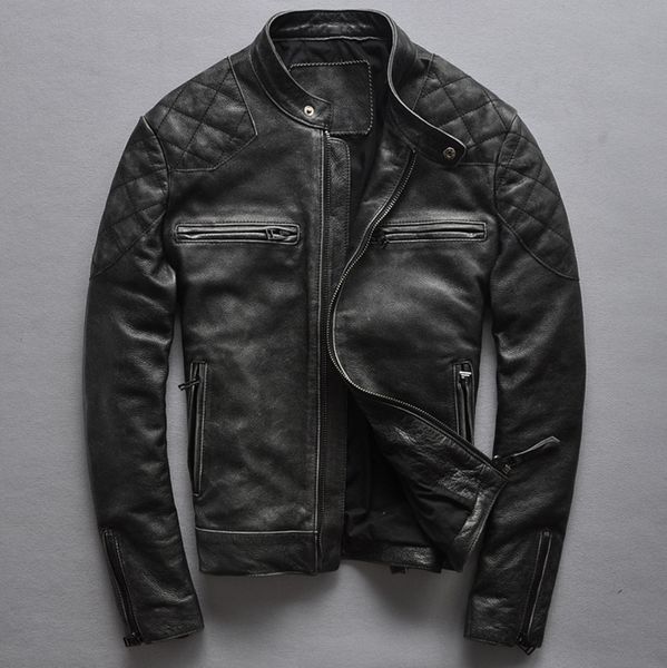 

brand fashion black cowskin motorcycle jacket david beckham style slim fit vintage genuine leather jacket men leather coats male