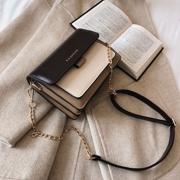 

2019 new ladies shoulder bag pu contrast color chain small square bag korean messenger