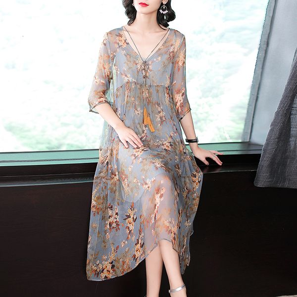 

2pc set fashion women silk chiffon dress 2018 new vintage a-line dresses elegant temperament 3/4 sleeve print dresses vestidos, Black;gray