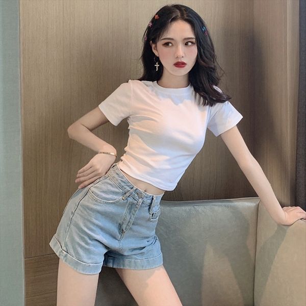 

6535 cotton 2020 basic all-match solid color short round collar slim short sleeve t-shirt t-shirt, White