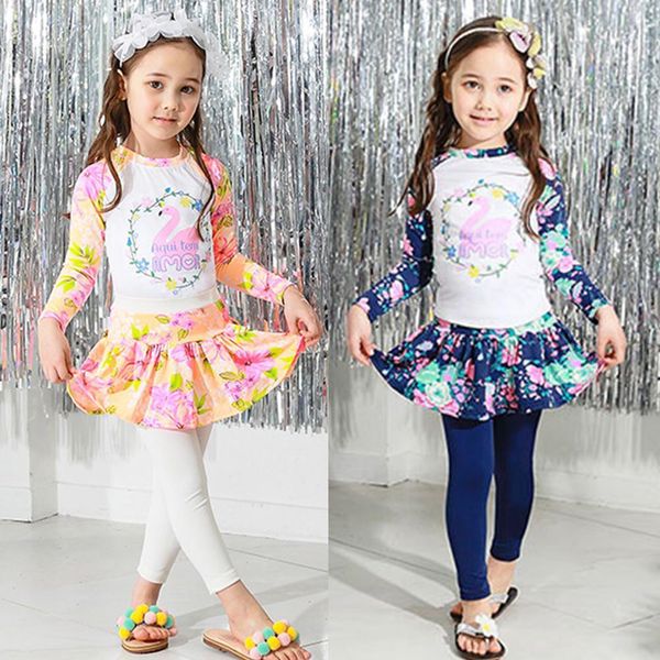 

kids girls cartoon printing quick dry long sleeve skirt type pants muslim swimwear set summer beach clothing swimsuits, White;black