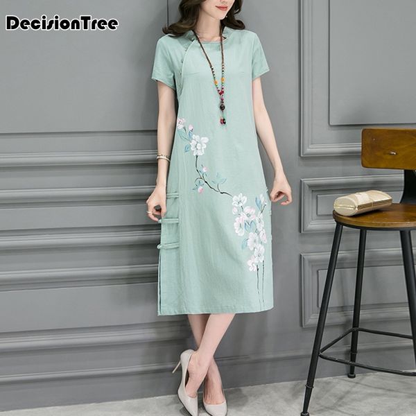 

2019 summer casual women chinese style floral printing dress cheongsam elegant loose lady cotton linen short sleeve qipao dress, Red