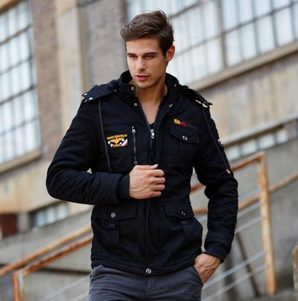 

men's military hooded jacket winter mens fleece keep warm solid color jacket men casual jackets coats, Black;brown