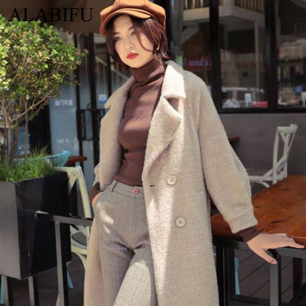 

alabifu winter coat women 2019 fashion office lady wool blend coat women slim closet tie long jacket formal korean clothing, Black