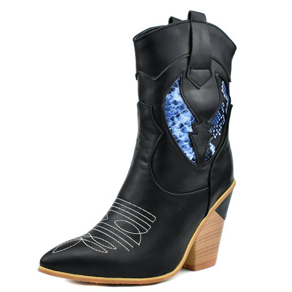 

women boots high heel ankle boots fashion snake print wedges mid calf pointed toe autumn winter woman shoes, Black