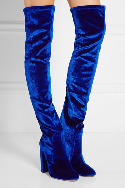 

abesire ladies fashion flock round toe zipper over-the-knee boots woman square high heels dress runway shoes women long boots, Black