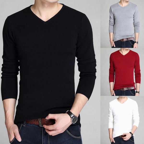 

laamei autumn winter men's sweater v-neck slim solid long sleeve pullover sweater male knitwear pull homme jersey hombre 2019, White;black
