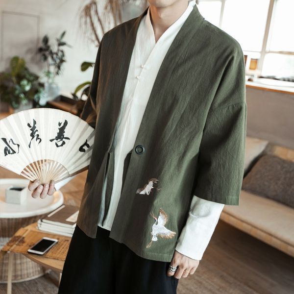 

chinese style cardigan mens jackets and coats embroidered thin three quarter sleeve han chinese clothing windbreaker jacket, Black;brown