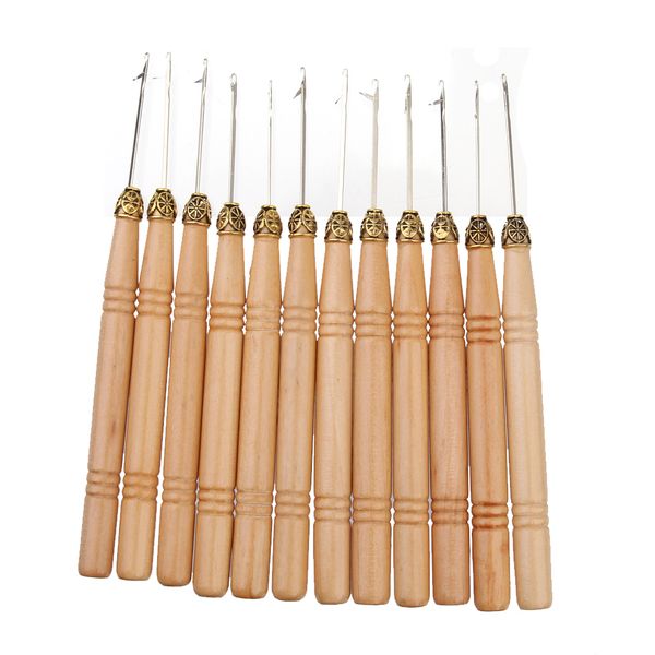

pack of 12 micro ring hair extension wooden pull hook needle threader diy tool