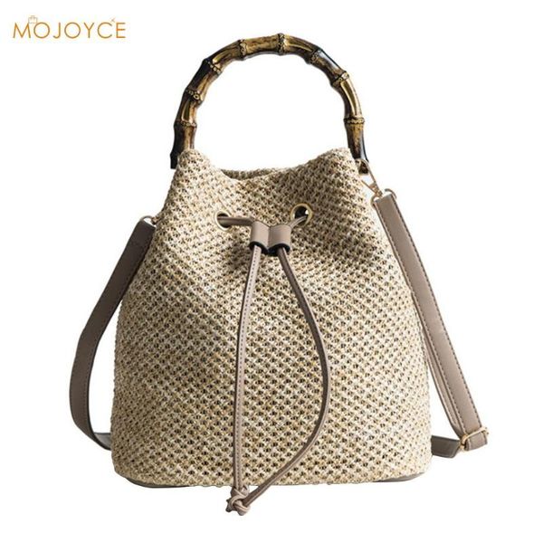 

women bucket female simple casual shoulder crossbody bag straw summer beach drawstring messenger handbags