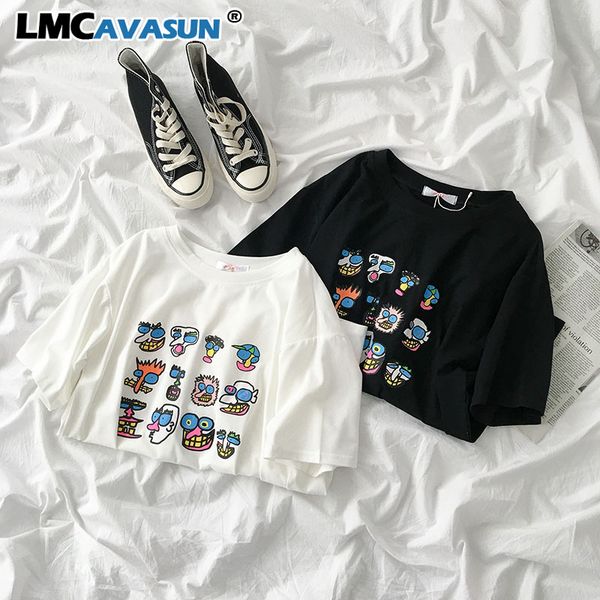 

lmcavasun summer casual t-shirt women o-neck short sleeve pullover student interest printing oversize loose white black