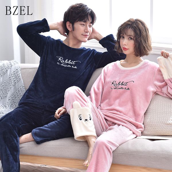 

bzel cute flannel pattern winter couples pajamas set for women men plush fabric sleepwear pyjamas suit home clothing big yard, Blue;gray