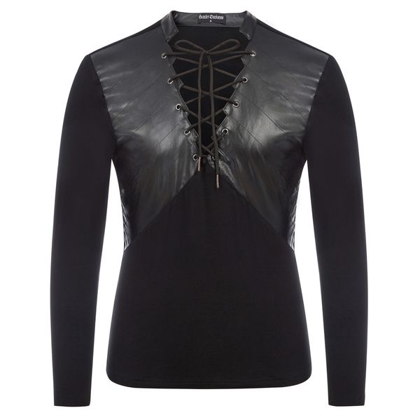 

men's shirt polyurethane leather patchwork autumn winter black long sleeve plunging v-neck punk blouse slim fit retro shirt, White;black