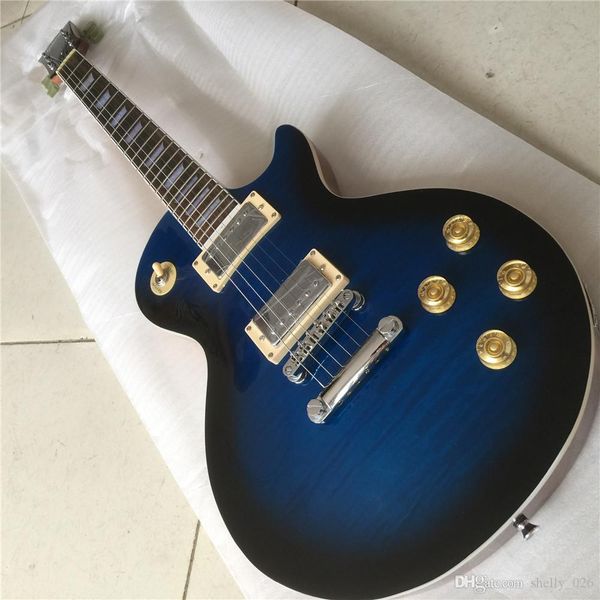 

delivery in stock new blueberry lp electric guitar w/ flame maple tonepros bridge, fred edge cream binding,2 inch body thick, cuto