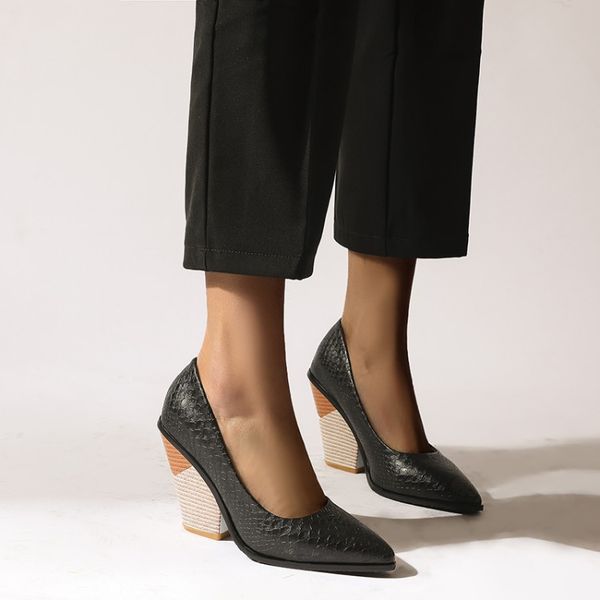 

european and american snake pattern pointed high heels, horseshoe heels, women's 2020 spring fashion single shoes, women's shoes, Black