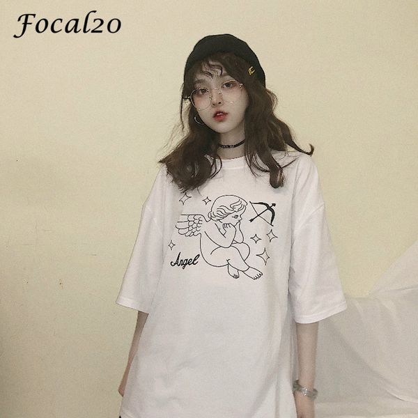 

focal20 harajuku angle wings print female t-shirt t shirts summer spring loose crew neck short sleeve women t shirt tees, White