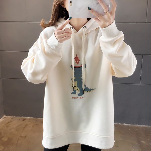 

dinosaur print hoodies sweatshirt women oversize harajuku pullovers vintage long sleeve casual hooded split outwear warm w223, Black