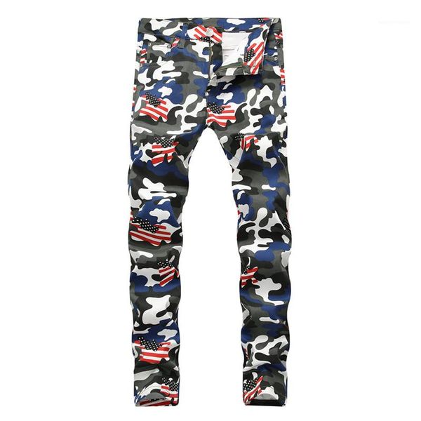 

slim camouflage print designer jeans long trousers homme pencil pants us national flag mens jeans casual, Blue