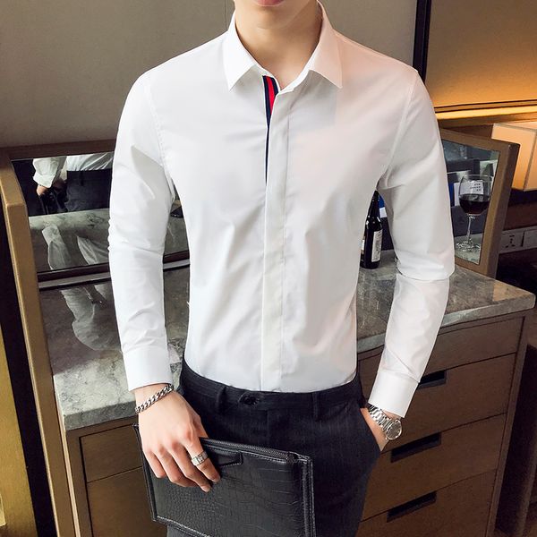 

2019 new fashion embroidery boutique solid color mens casual business long-sleeved shirt men slim stretch shirt large size -5xl, White;black