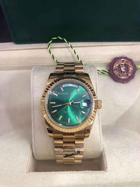 

с оригинальной коробке luxury 36мм мода часы высокое качество 18k желтого золота зеленый циферблат 18038 смотреть автоматическая мужские час, Slivery;brown