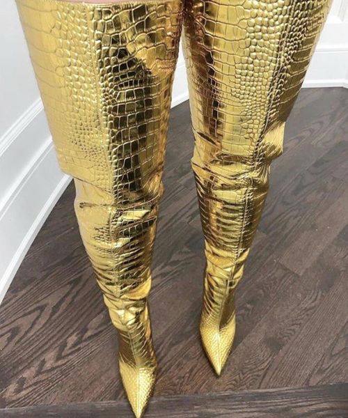 

women over the knee boots runway street pointed toe high heels boots matching nightclub crotch boot mujer, Black