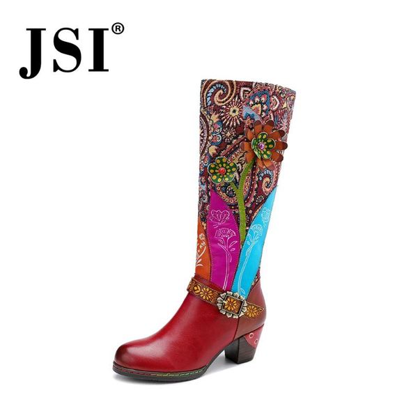 

jsi spring fashion women boots national style printing genuine leather round toe lady shoes comfortable square heel boots je214, Black