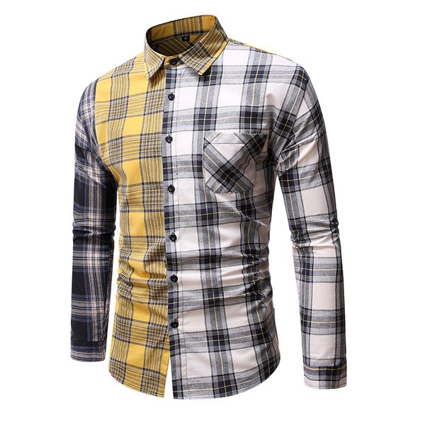 

men shirts plaid hit color casual loose long sleeve blouse male personality wild shirt new arrival black yellow white, White;black