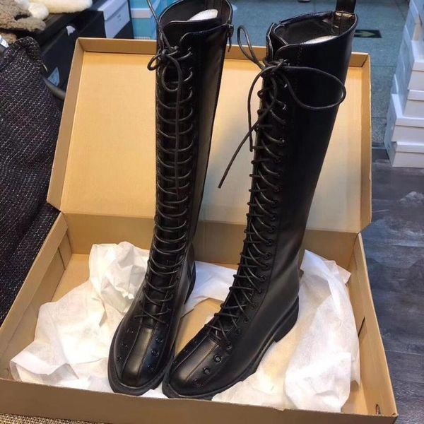

thigh high boots bottes femme 2020 stivali donna tound toe lace-up square heels short plush pu leather fashion platform shoes, Black
