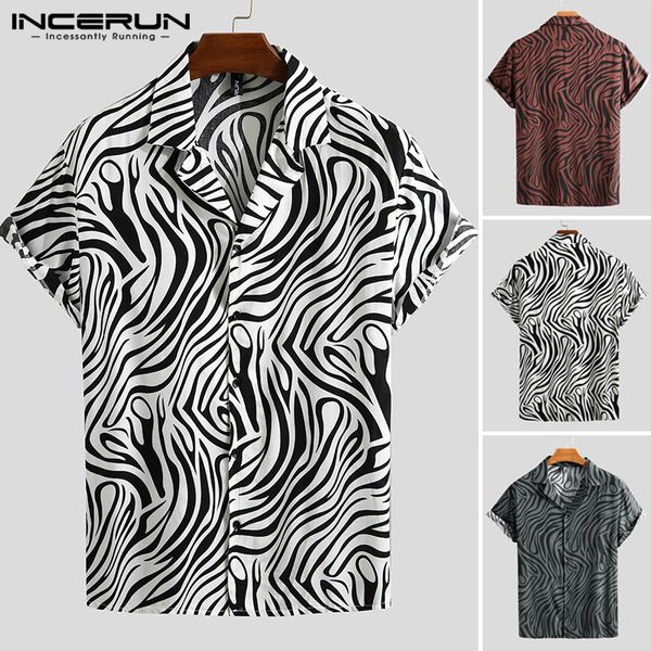 

incerun men shirt chic printed lapel button fashion summer casual hawaiian shirt 2020 short sleeve camisa masculina streetwear, White;black