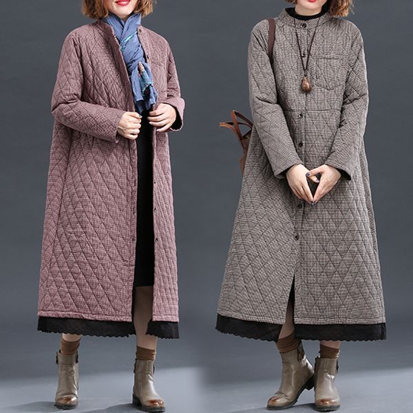 

autumn winter retro cotton-padded jacket women long sleeve stand collar slim fit long plaid parkas vintage winter coat women, Black