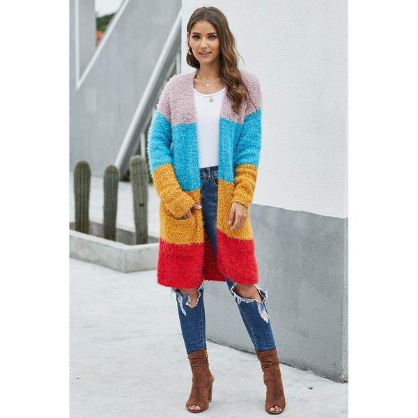 

зима кардиган средней длины свитер женщины цвет блокировка длинным рукавом сыпучие rib свитер пальто, White;black