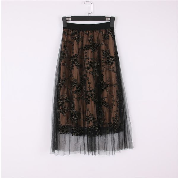 

skirts women skirt slim fit high waist 3 layers mesh patchwork bottom flower appliques beach summer, Black