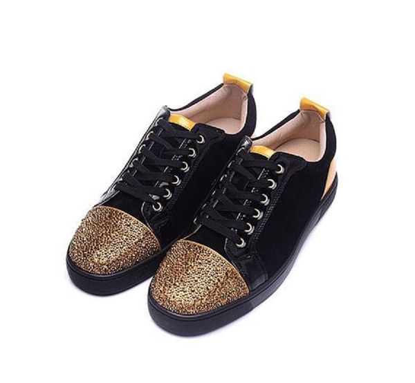 

с коробкой] марка red bottom кроссовки обувь мужская черный rhinestone низкая помощь toe летняя кожа пара красный подошва плоская обувь, св, Black