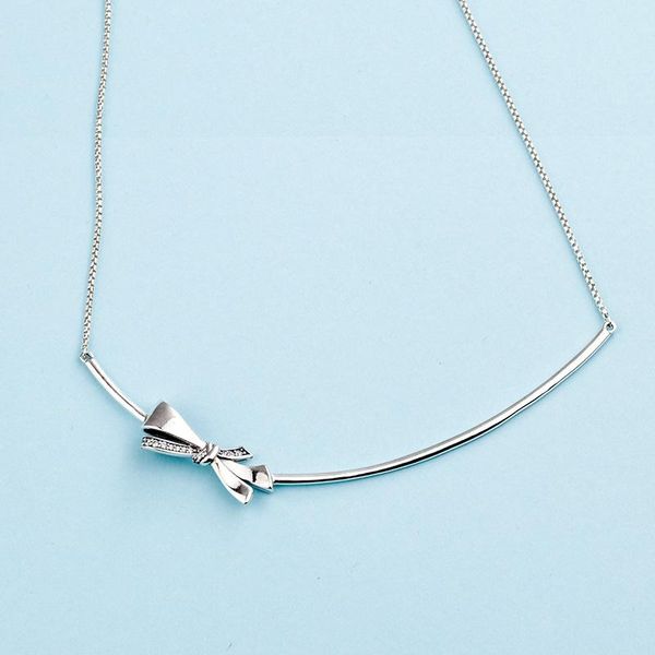 

2020 925 sterling silver box chain pendant necklaces original box for pandora women silver gorgeous bow necklace mother's gift
